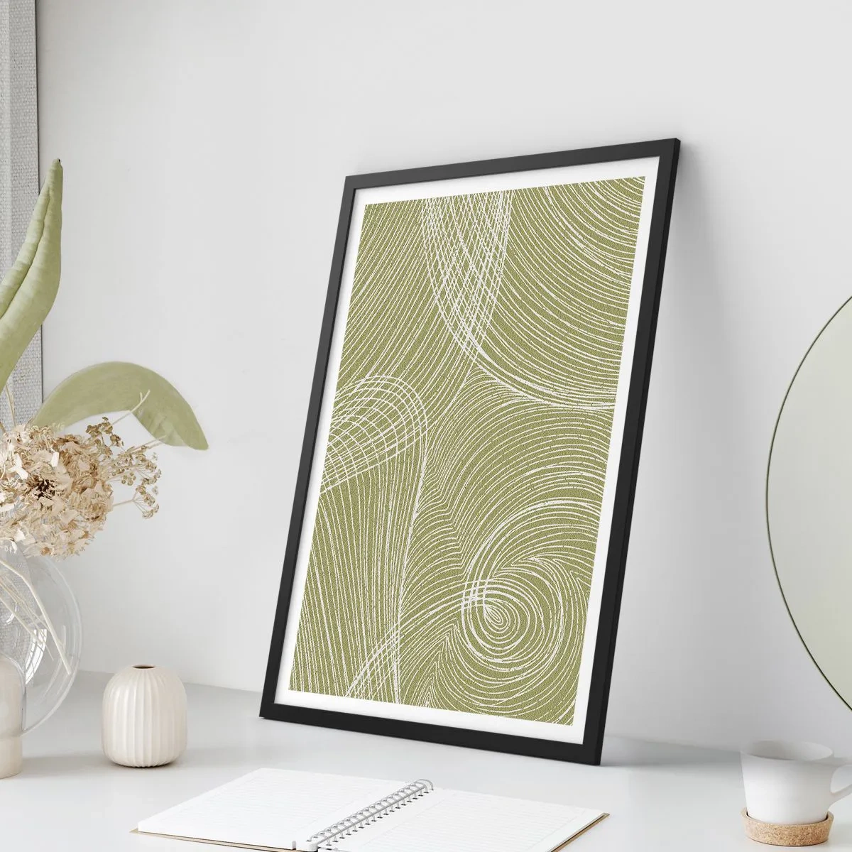 Poster in cornice nera - Una composizione astratta nei toni del verde con linee dinamiche. - 50x70cm - Astrazione intricata in bianco - Decorazione murale moderna per soggiorno e camera da letto ARTTOR