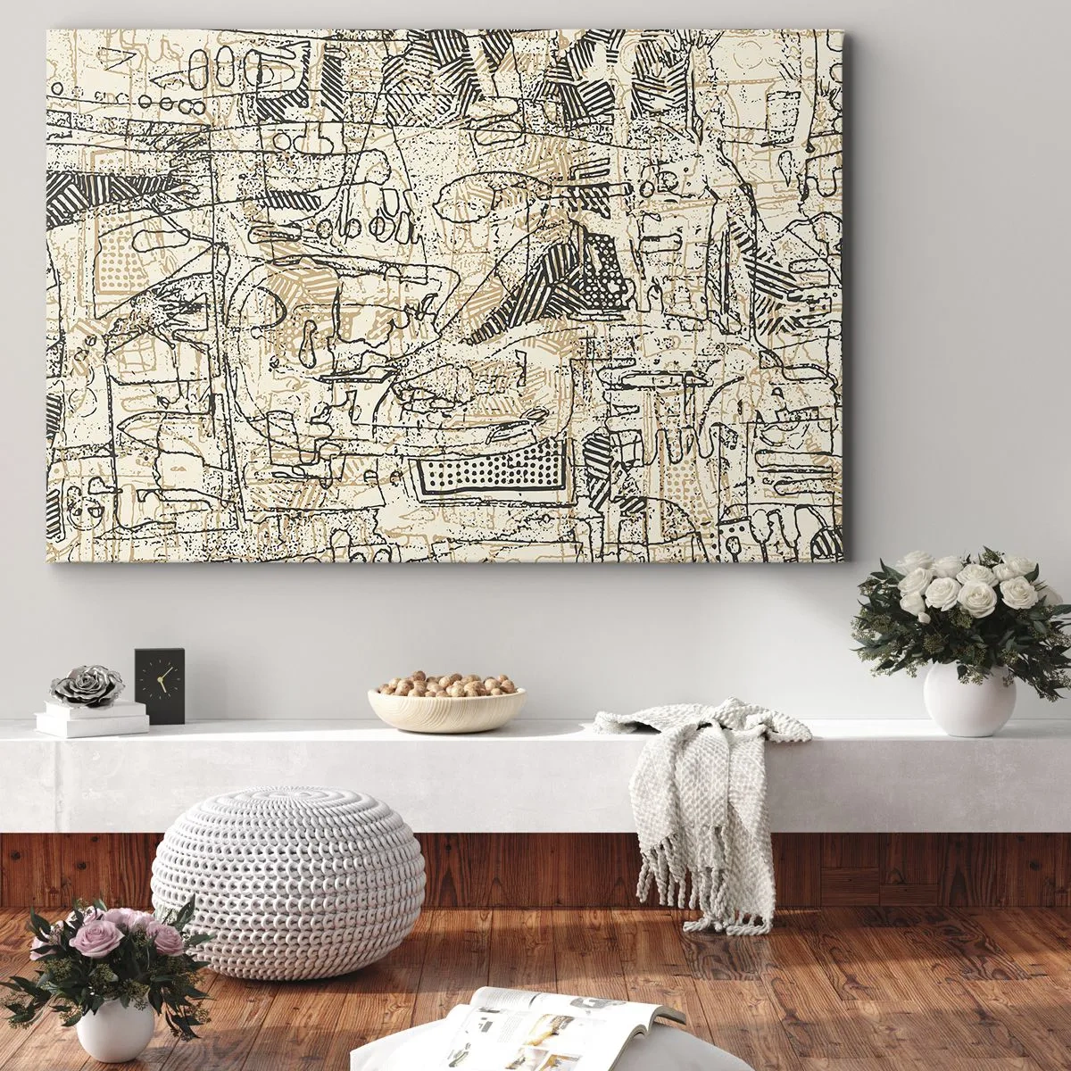 Quadro su tela - Stampe su Tela - Motivi astratti e linee su uno sfondo beige - 120x80cm - In attesa di essere decifrato - Decorazione murale moderna per soggiorno e camera da letto ARTTOR