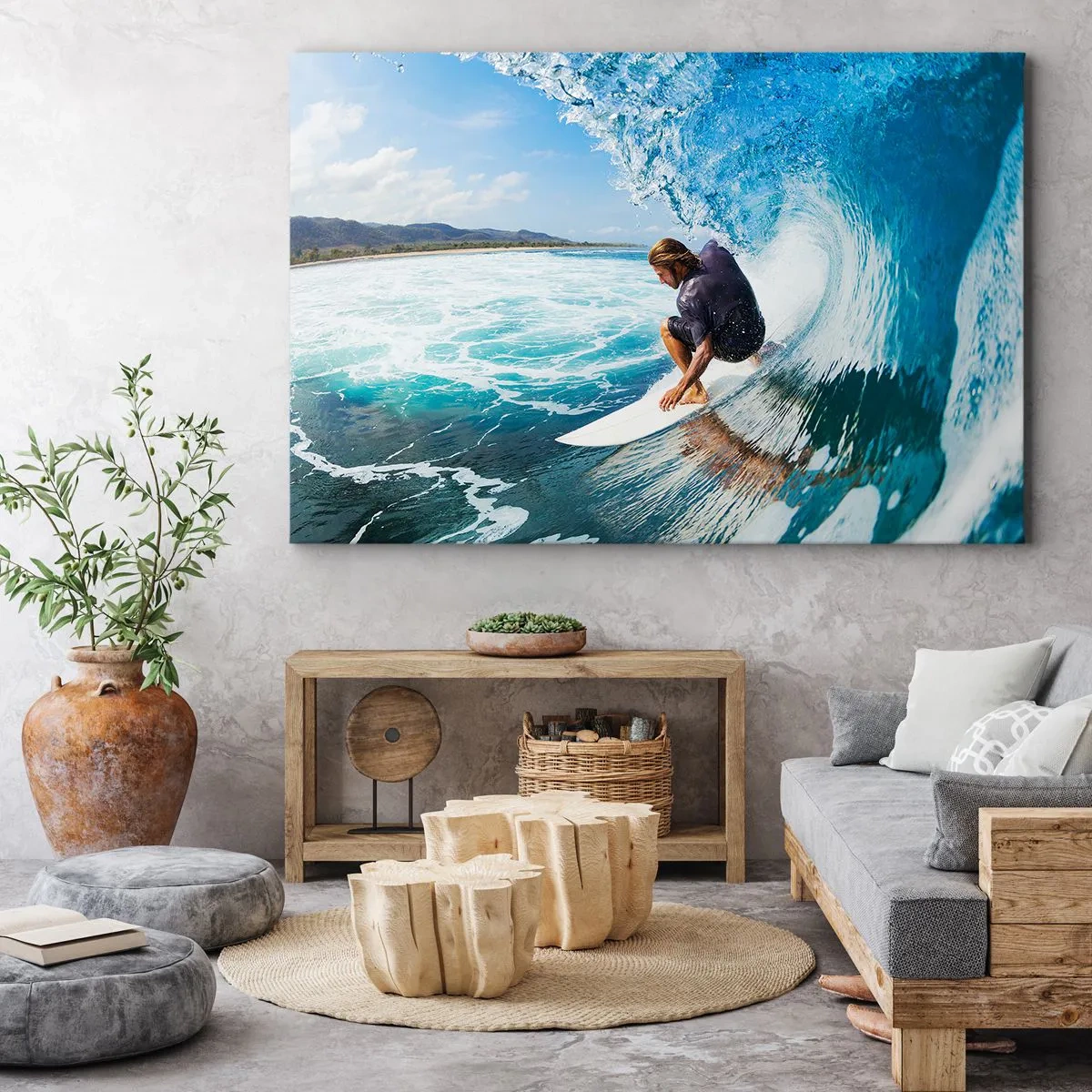 Quadro su tela - Stampe su Tela - Un surfista in posa dinamica su un'onda in acqua turchese. - 70x50cm - Ballando con le onde - Decorazione murale moderna per soggiorno e camera da letto ARTTOR