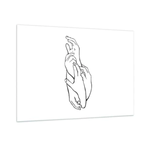 Quadro su vetro - Un sottile disegno lineare di mani giunte su uno sfondo bianco. - 100x70cm - Il tocco buono - Decorazione murale moderna per soggiorno e camera da letto ARTTOR