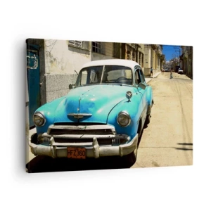 Quadro su tela - Stampe su Tela - Un'auto d'epoca blu sulla strada in una giornata di sole - 70x50cm - Evviva Cuba! - Decorazione murale moderna per soggiorno e camera da letto ARTTOR
