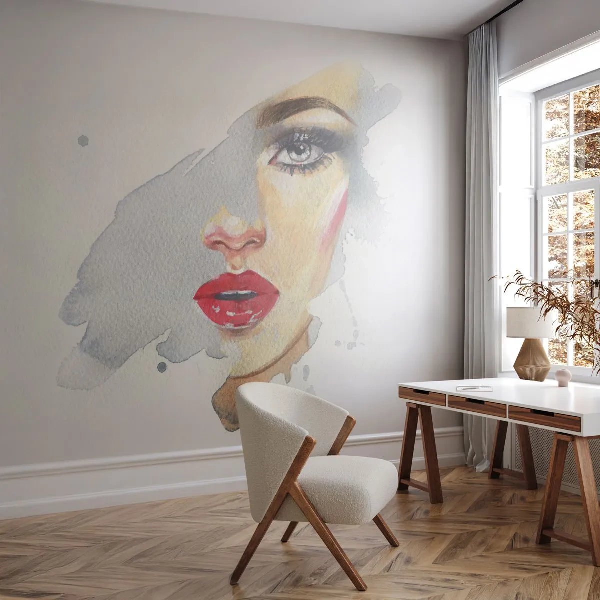 Fotomurali Premium Canvas - Riflesso in una goccia d'acqua - Volto di donna, Donna, labbra rosse - 400x280 cm