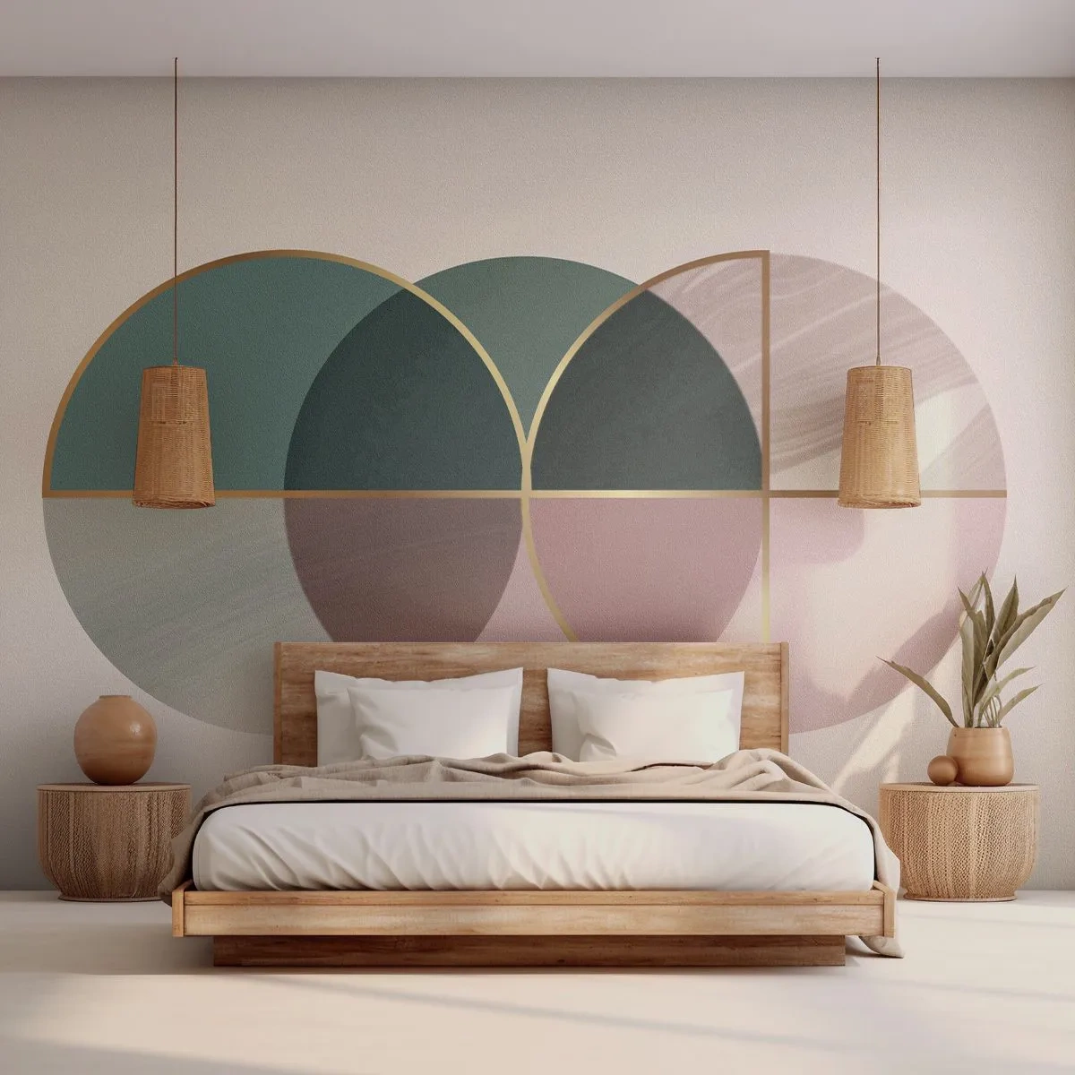 Fotomurali Premium Canvas - Una composizione astratta di forme geometriche e linee dorate. - 100x70cm - Un cerchio dietro l'altro... - Decorazione murale moderna per soggiorno e camera da letto ARTTOR
