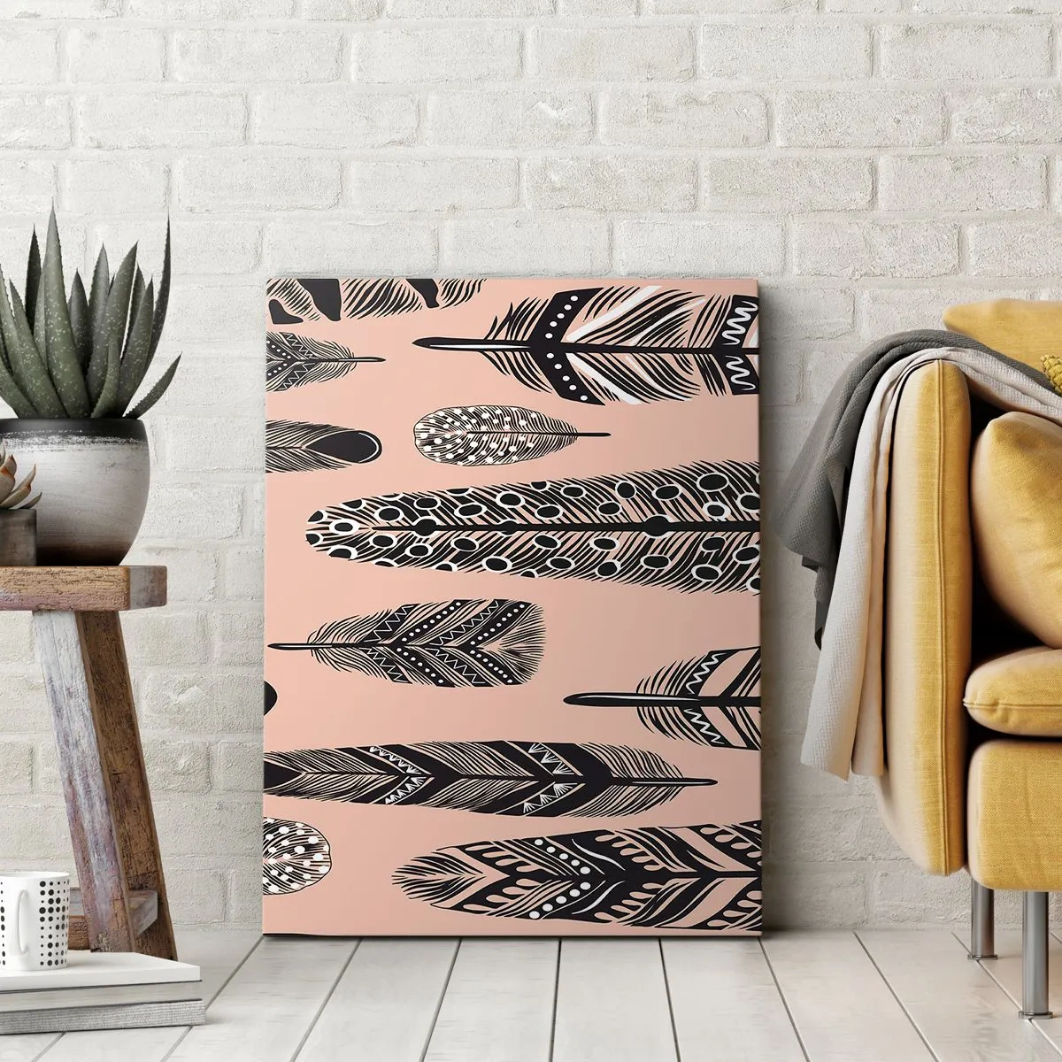 Quadro su tela - Stampe su Tela - Piume decorative su sfondo chiaro - 50x70cm - Collezione indiana - Decorazione murale moderna per soggiorno e camera da letto ARTTOR
