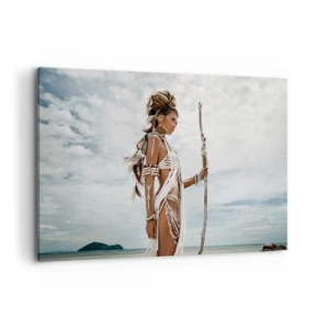Quadro su tela - Stampe su Tela - Donna stilizzata sulla spiaggia con ornamenti etnici e un bastone - 120x80cm - La regina dei tropici - Decorazione murale moderna per soggiorno e camera da letto ARTTOR