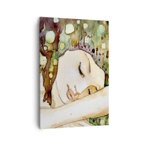 Quadro su tela - Stampe su Tela - Una donna che sogna circondata da forme e colori astratti. - 70x100cm - Sogno smeraldo e viola - Decorazione murale moderna per soggiorno e camera da letto ARTTOR