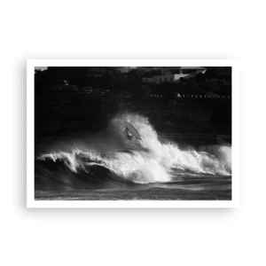 Poster - Un surfista che cavalca un'onda in bianco e nero - 100x70cm - Sfida accettata! - Decorazione murale moderna per soggiorno e camera da letto ARTTOR