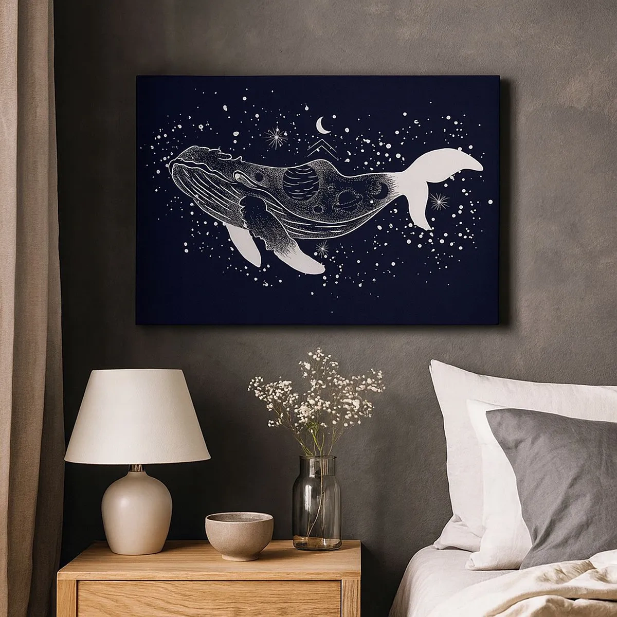 Quadro su tela - Stampe su Tela - Illustrazione grafica di una balena in stile spaziale. - 70x50cm - Nell'oceano dell'universo - Decorazione murale moderna per soggiorno e camera da letto ARTTOR