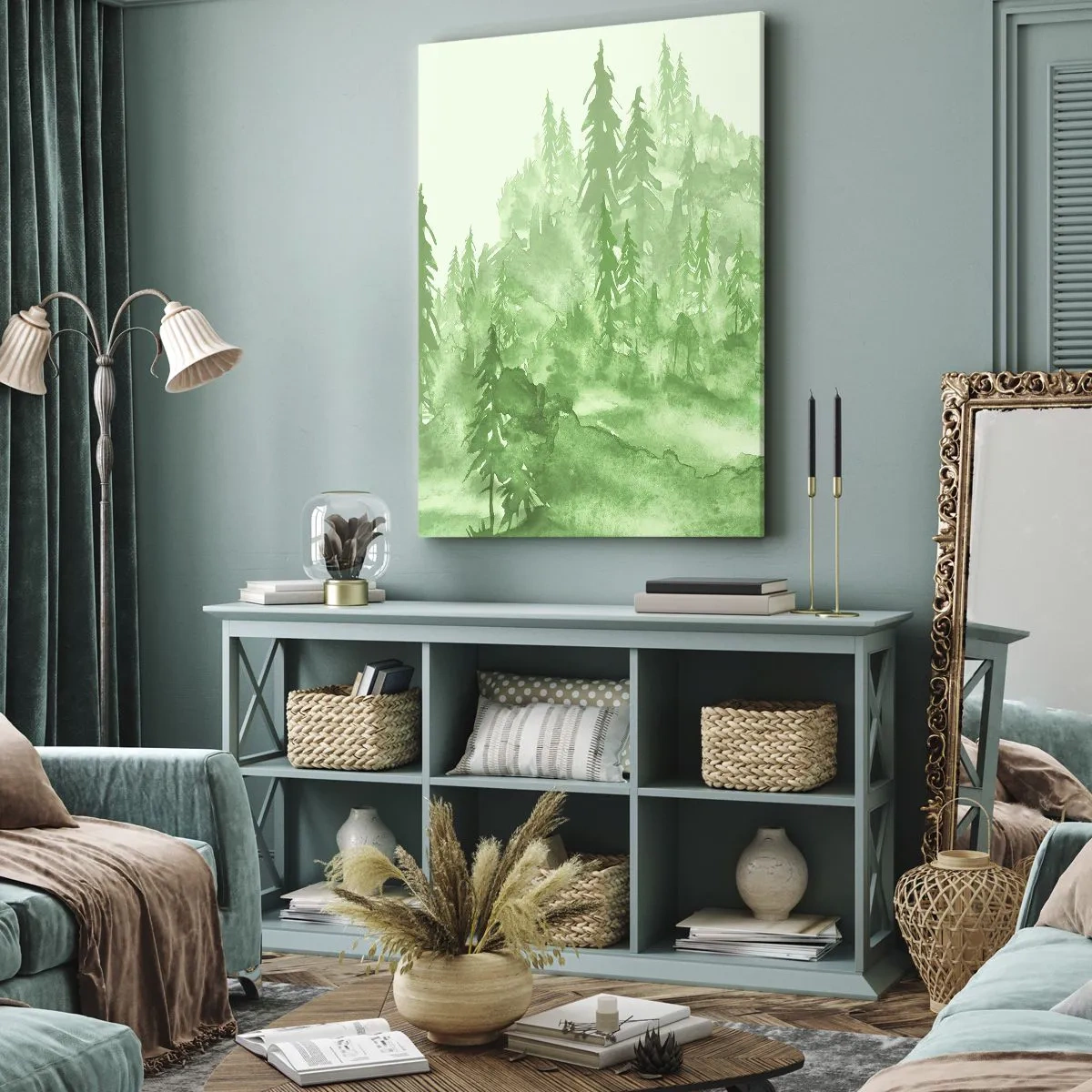 Quadro su tela - Stampe su Tela - Foresta verde in stile acquerello su sfondo chiaro - 70x100cm - Sfocato da una nebbia verde - Decorazione murale moderna per soggiorno e camera da letto ARTTOR