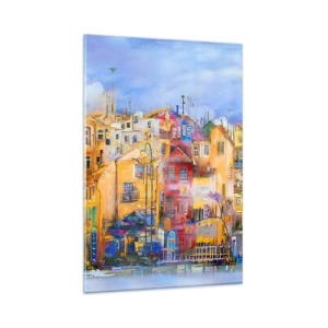 Quadro su vetro - Edifici urbani colorati in stile artistico - 80x120cm - Siamo insieme - Decorazione murale moderna per soggiorno e camera da letto ARTTOR