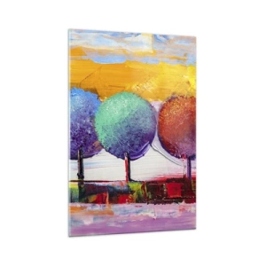Quadro su vetro - Tre alberi colorati su uno sfondo astratto - 70x100cm - Non c'è due senza tre - Decorazione murale moderna per soggiorno e camera da letto ARTTOR