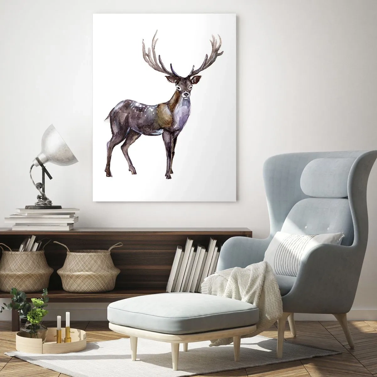 Quadro su vetro - Illustrazione ad acquerello di un cervo con maestose corna - 70x100cm - Il re della foresta del nord - Decorazione murale moderna per soggiorno e camera da letto ARTTOR
