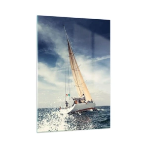 Quadro su vetro - Uno yacht che naviga su un mare in tempesta sotto un cielo azzurro - 50x70cm - Non ci raggiungeranno! - Decorazione murale moderna per soggiorno e camera da letto ARTTOR