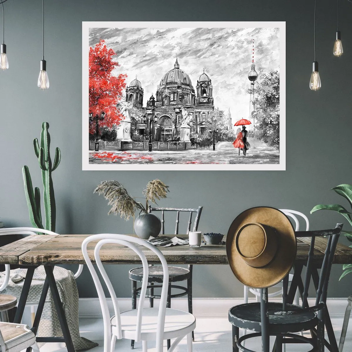 Poster - Scena in bianco e nero con Berlino, un ombrello rosso e un albero - 100x70cm - Incontro a Berlino - Decorazione murale moderna per soggiorno e camera da letto ARTTOR