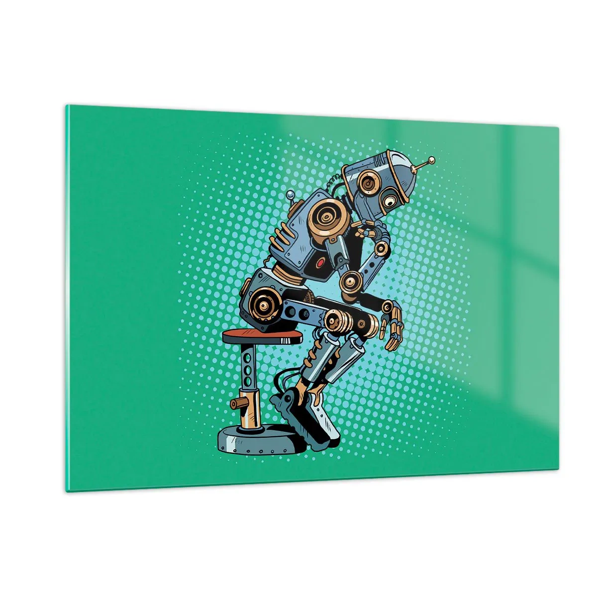 Quadro su vetro - Un robot pensatore su uno sfondo verde con motivo pop art. - 120x80cm - Sull'essenza dell'essere - Decorazione murale moderna per soggiorno e camera da letto ARTTOR