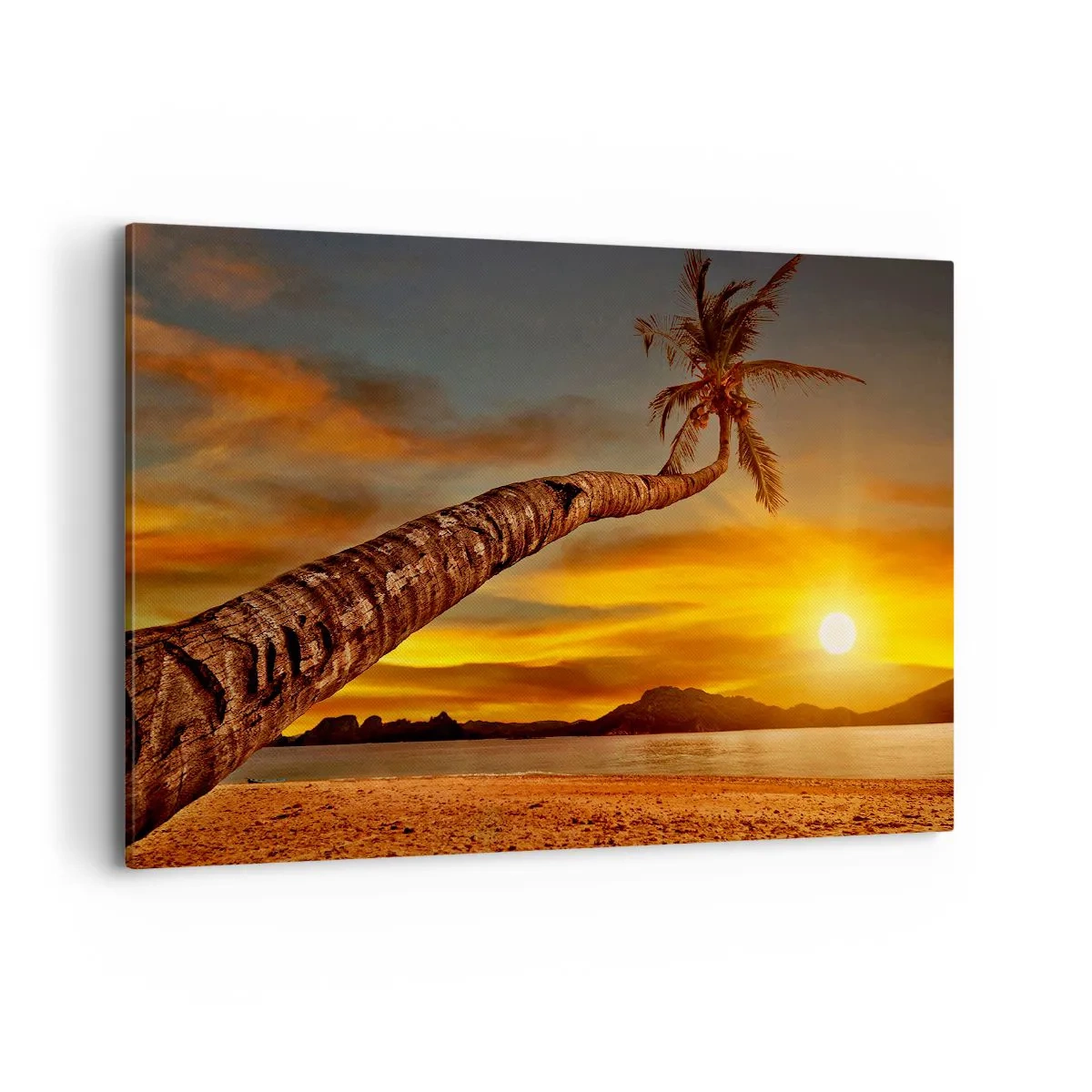 Quadro su tela - Stampe su Tela - Palma sulla spiaggia al tramonto con vista sul mare - 120x80cm - Vacanze esotiche, avventura nei Caraibi - Decorazione murale moderna per soggiorno e camera da letto ARTTOR