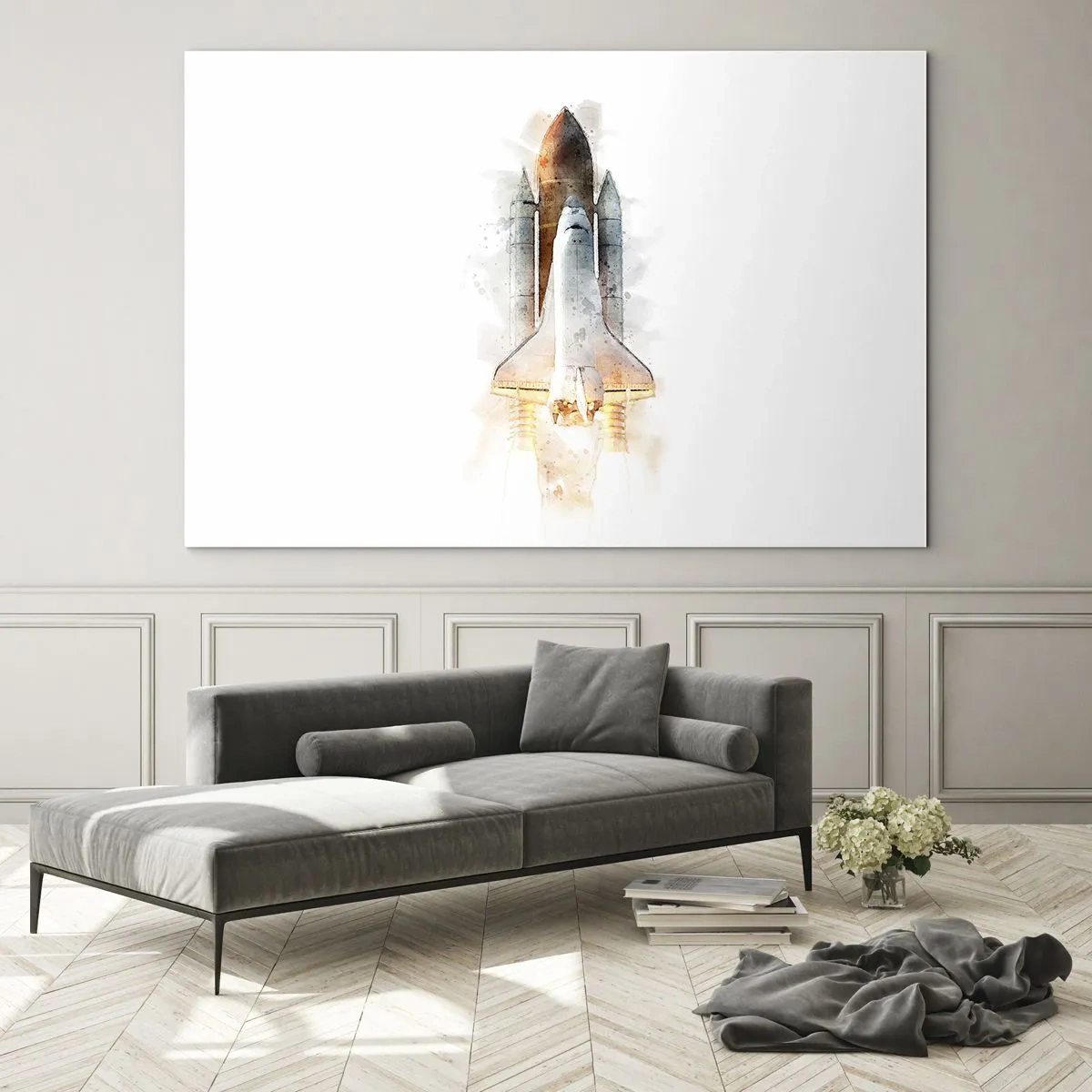 Quadro su vetro - Uno space shuttle in decollo in stile acquerello su sfondo bianco. - 70x50cm - La partenza degli esploratori - Decorazione murale moderna per soggiorno e camera da letto ARTTOR