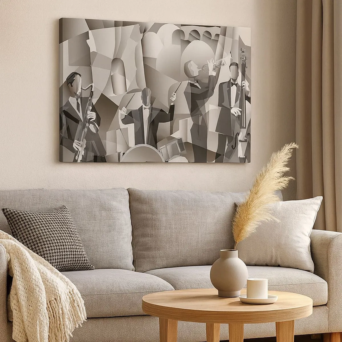 Quadro su tela - Stampe su Tela - Scena astratta con musicisti jazz in tonalità di grigio. - 70x50cm - Nello spazio dei suono - Decorazione murale moderna per soggiorno e camera da letto ARTTOR