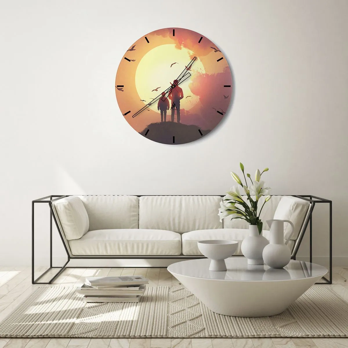 Orologio da parete - Orologio in Vetro - Figure sullo sfondo del sole al tramonto e degli uccelli - 30x30cm - Faccia a faccia con il sole - Decorazione murale moderna per soggiorno, cucina e camera da letto ARTTOR