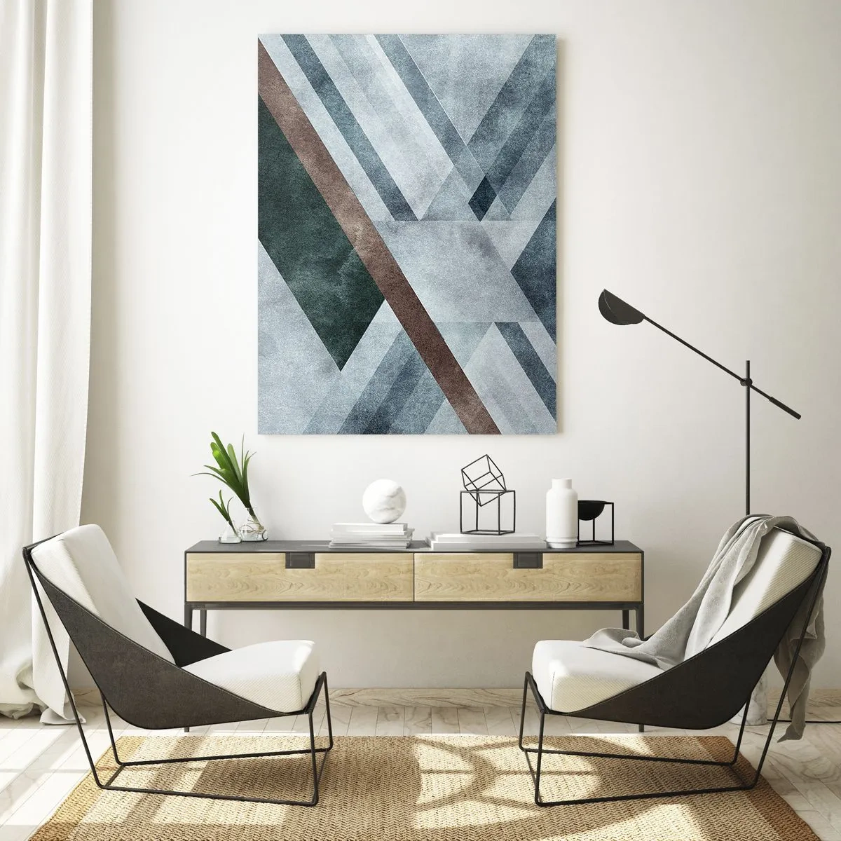 Quadro su vetro - Forme geometriche in tonalità fredde di blu e marrone - 70x100cm - La ricercata eleganza della geometria - Decorazione murale moderna per soggiorno e camera da letto ARTTOR