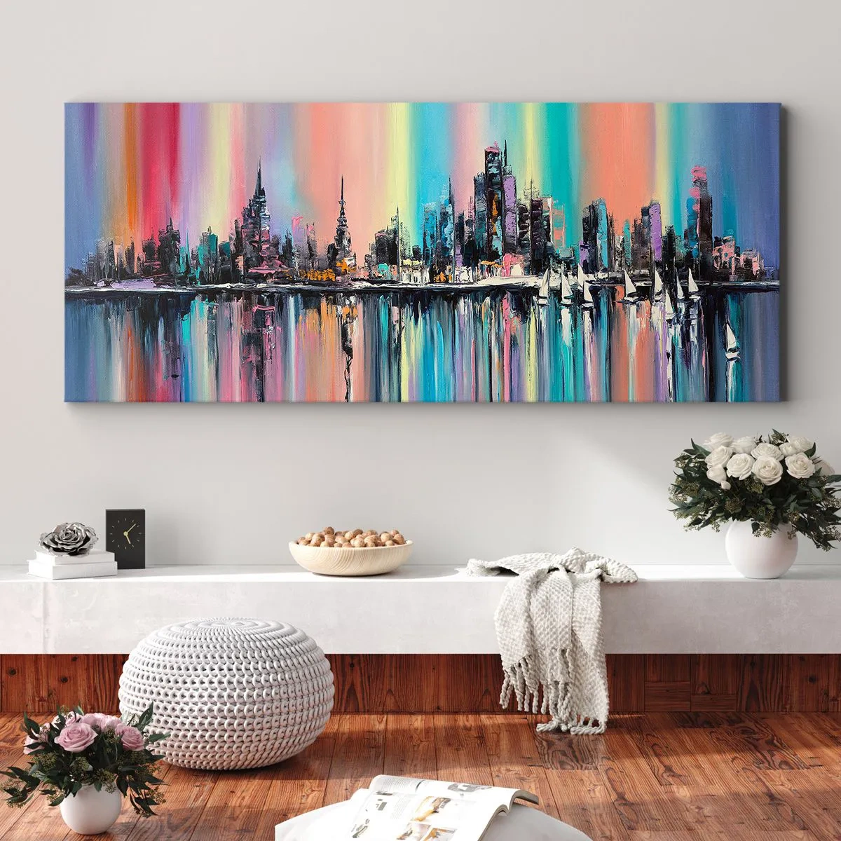 Quadro su tela - Stampe su Tela - Paesaggio urbano colorato con riflessi sull'acqua - 120x50cm - Fluttuare alle luci della notte - Decorazione murale moderna per soggiorno e camera da letto ARTTOR