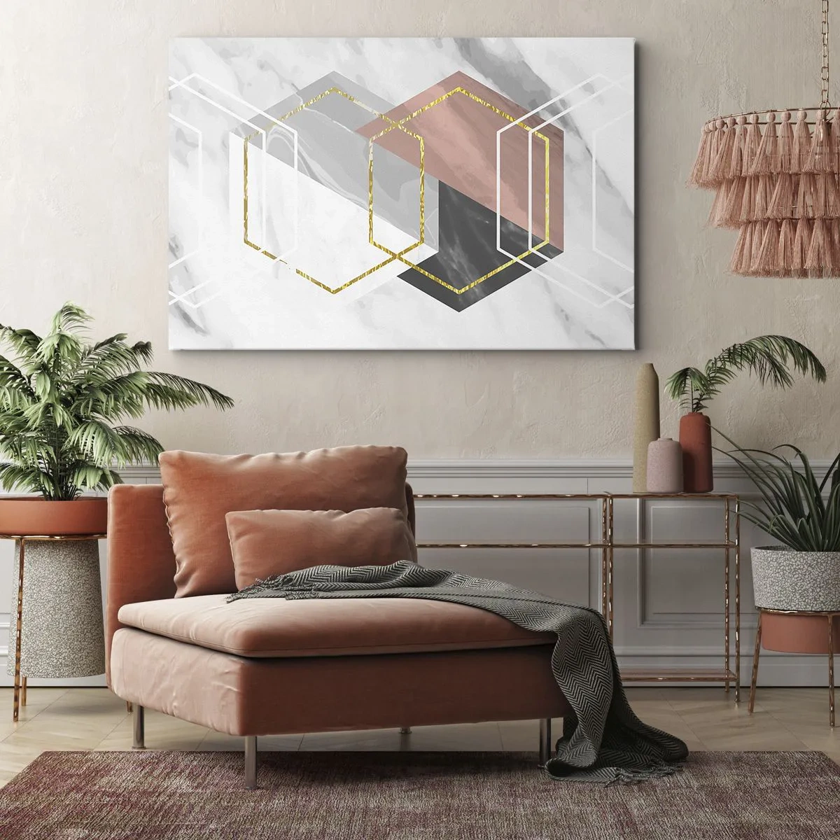 Quadro su tela - Stampe su Tela - Figure geometriche con accenti in oro e marmo - 100x70cm - Composizione a catena - Decorazione murale moderna per soggiorno e camera da letto ARTTOR