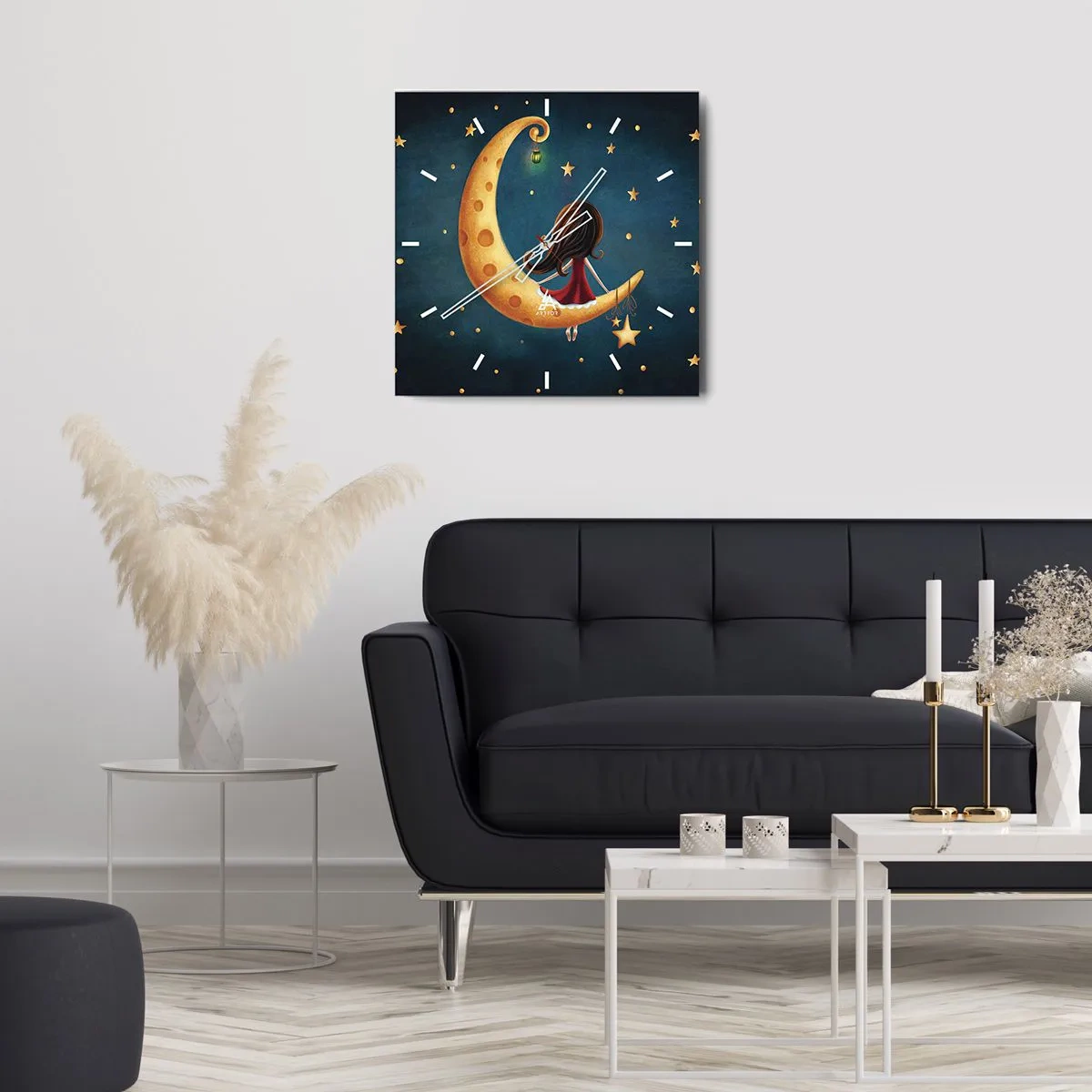 Orologio da parete - Orologio in Vetro - Una ragazza sulla luna circondata dalle stelle - 30x30cm - Una volta... - Decorazione murale moderna per soggiorno e camera da letto ARTTOR