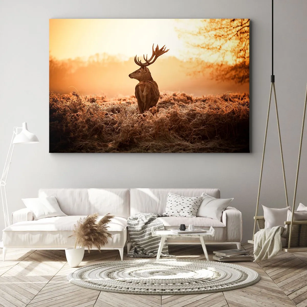 Quadro su tela - Stampe su Tela - Cervo nei raggi del sole nascente - 120x80cm - Il signore sulle sue terre - Decorazione murale moderna per soggiorno e camera da letto ARTTOR