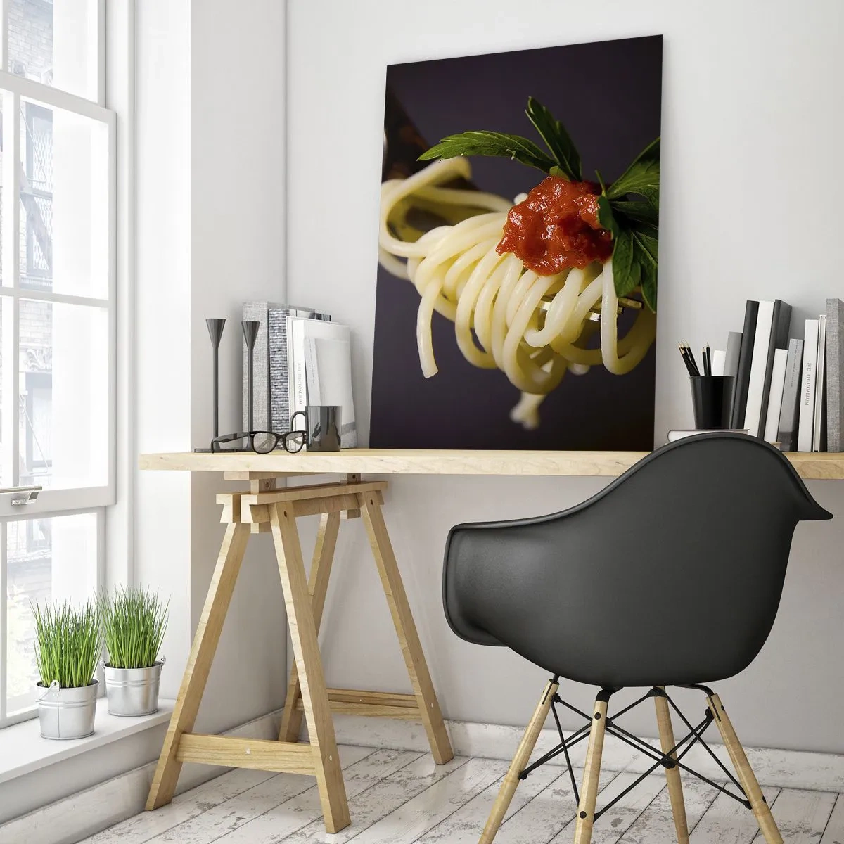 Quadro su vetro - Spaghetti alla forchetta con salsa di pomodoro e prezzemolo - 80x120cm - Un boccone delizioso - Decorazione murale moderna per soggiorno e camera da letto ARTTOR