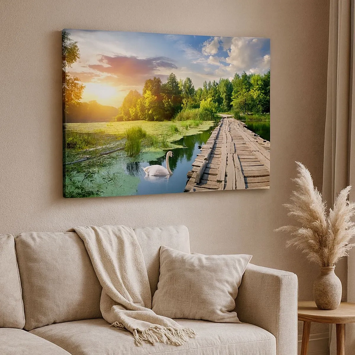 Quadro su tela - Stampe su Tela - Un paesaggio pittoresco con un ponte e un cigno - 70x50cm - Estate, estate ovunque - Decorazione murale moderna per soggiorno e camera da letto ARTTOR