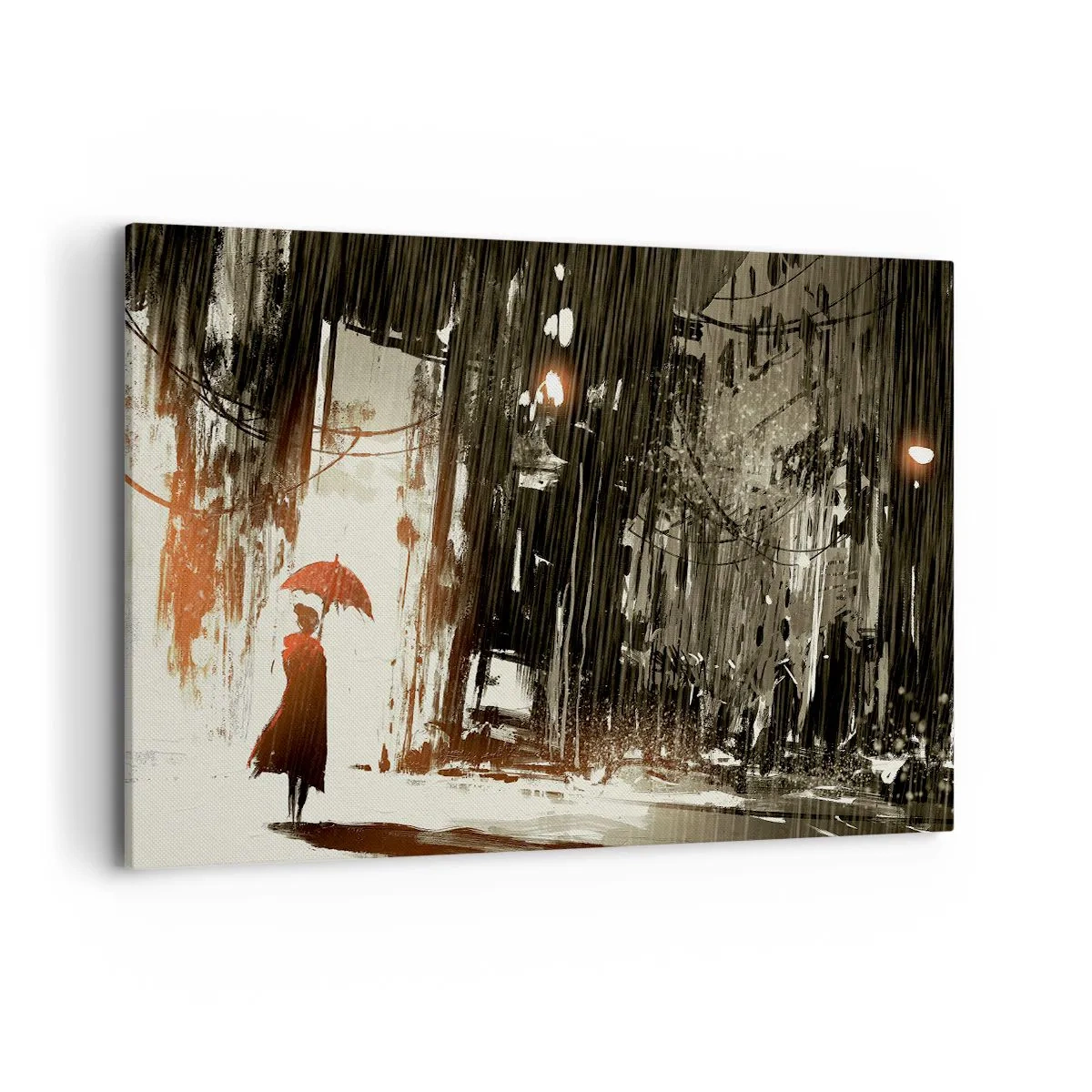 Quadro su tela - Stampe su Tela - Una figura rossa con un ombrello in una scena piovosa - 120x80cm - La poesia dell'ombrello rosso - Decorazione murale moderna per soggiorno e camera da letto ARTTOR