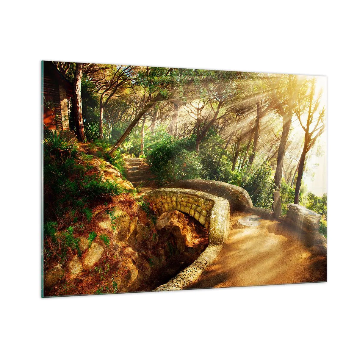 Quadro su vetro - Raggi di sole che illuminano il ponte e il sentiero nella foresta - 100x70cm - Dal ponte direttamente nel bosco delle fiabe - Decorazione murale moderna per soggiorno e camera da letto ARTTOR