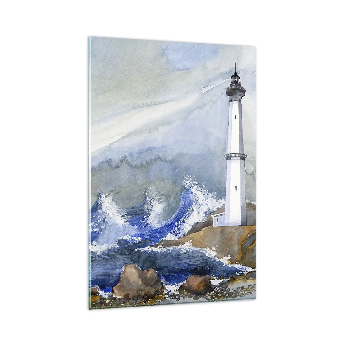 Quadro su vetro - Un faro su una costa rocciosa con mare agitato - 80x120cm - Contro il buio e le burrasche - Decorazione murale moderna per soggiorno e camera da letto ARTTOR
