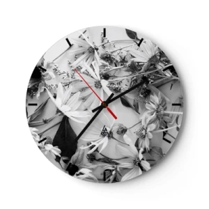 Orologio da parete - Orologio in Vetro - Fiori bianchi e neri sparsi su uno sfondo chiaro in una disposizione casuale - 30x30cm - Un non bouquet di fiori - Decorazione murale moderna per soggiorno, cucina e camera da letto ARTTOR