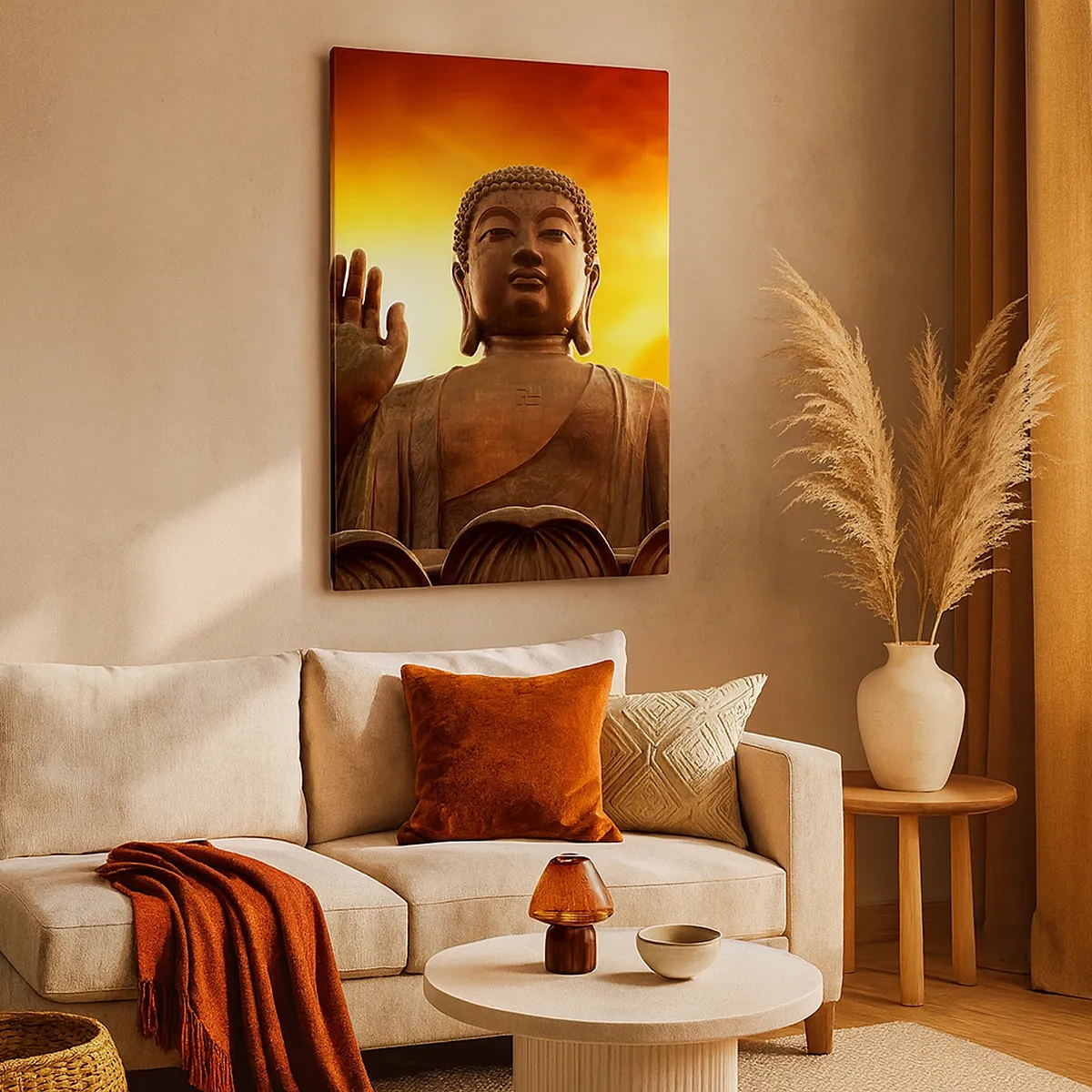 Quadro su tela - Stampe su Tela - Una statua del Buddha contro un cielo dorato al tramonto - 50x70cm - La pace del mondo - Decorazione murale moderna per soggiorno e camera da letto ARTTOR