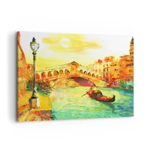 Quadro su tela - Stampe su Tela - Un pittoresco ponte sul canale con una gondola alla luce del sole al tramonto - 100x70cm - Il pellegrinaggio degli innamorati - Decorazione murale moderna per soggiorno e camera da letto ARTTOR
