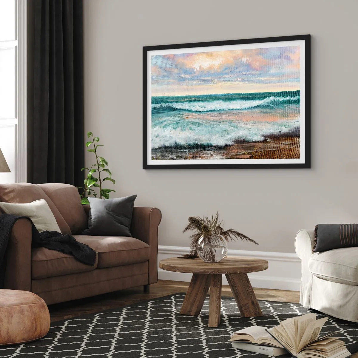 Poster in cornice nera - Onde del mare contro un cielo nuvoloso al tramonto - 70x50cm - Dove l'anima si calma - Decorazione murale moderna per soggiorno e camera da letto ARTTOR