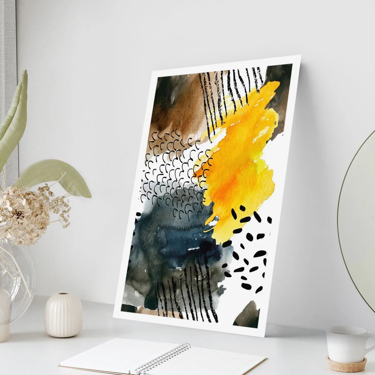 Poster - Composizione astratta nei toni del giallo e del nero - 50x70cm - L'incontro degli elementi - Decorazione murale moderna per soggiorno e camera da letto ARTTOR