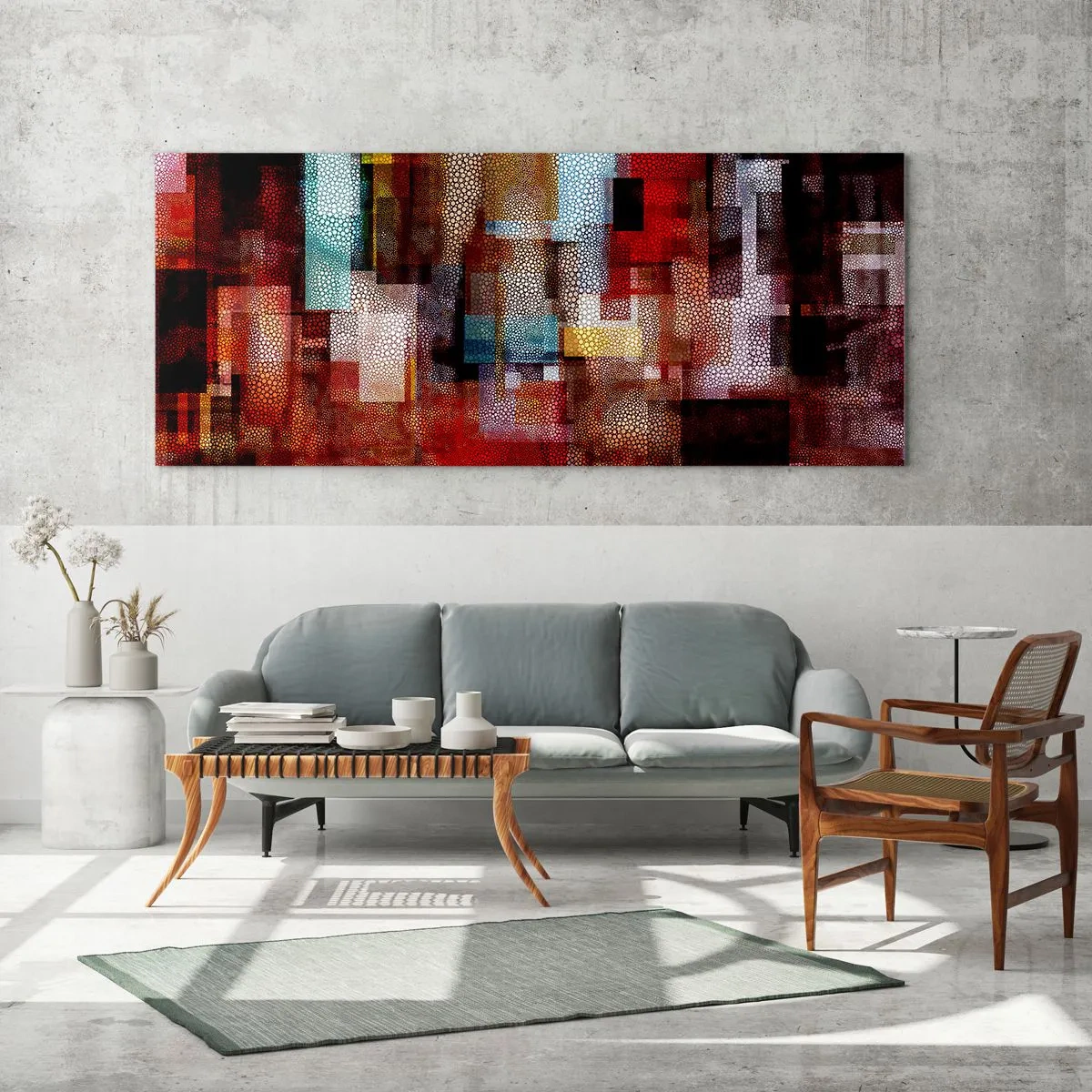 Quadro su vetro - Astrazione geometrica in intense tonalità di rosso - 120x50cm - Confusione aggrovigliata - Decorazione murale moderna per soggiorno e camera da letto ARTTOR