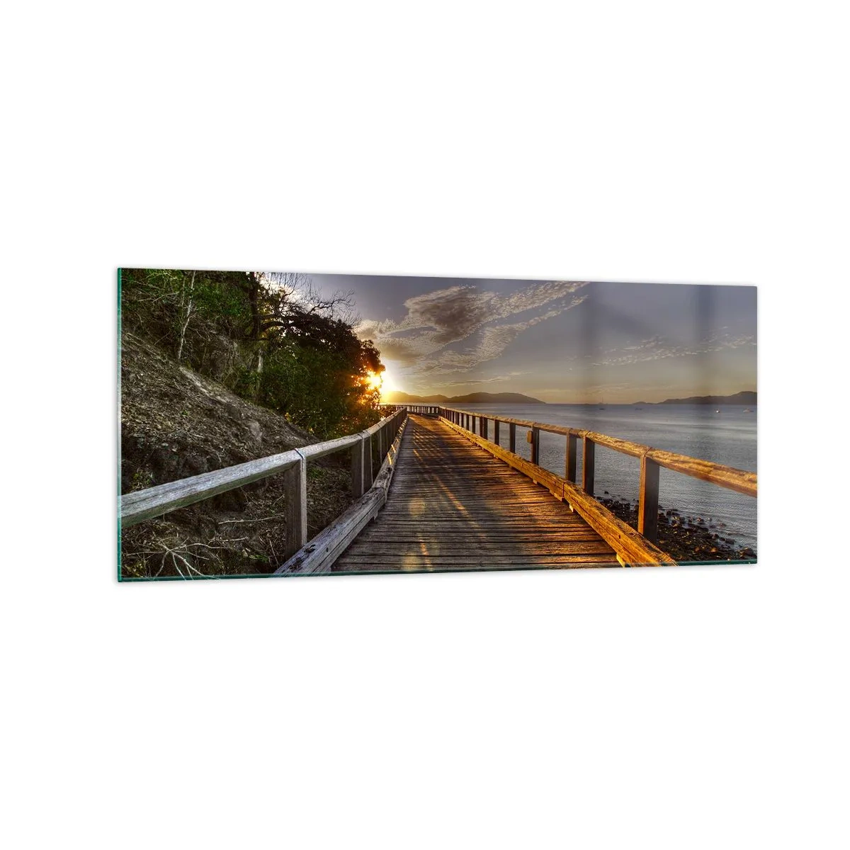Quadro su vetro - Un molo di legno conduce verso il tramonto sull'acqua - 120x50cm - Incamminarsi sempre verso il sole - Decorazione murale moderna per soggiorno e camera da letto ARTTOR