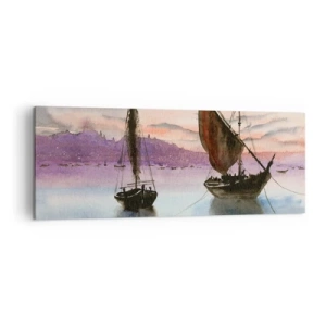 Quadro su tela - Stampe su Tela - Due velieri ormeggiati in acque calme al tramonto - 140x50cm - La sera nel porto - Decorazione murale moderna per soggiorno e camera da letto ARTTOR