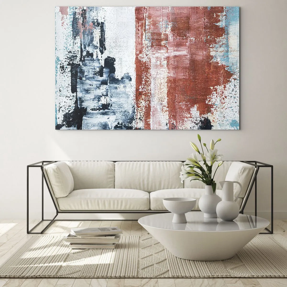 Quadro su vetro - Una combinazione astratta di blu e rosso ruggine - 70x50cm - Astratto in due metà - Decorazione murale moderna per soggiorno e camera da letto ARTTOR