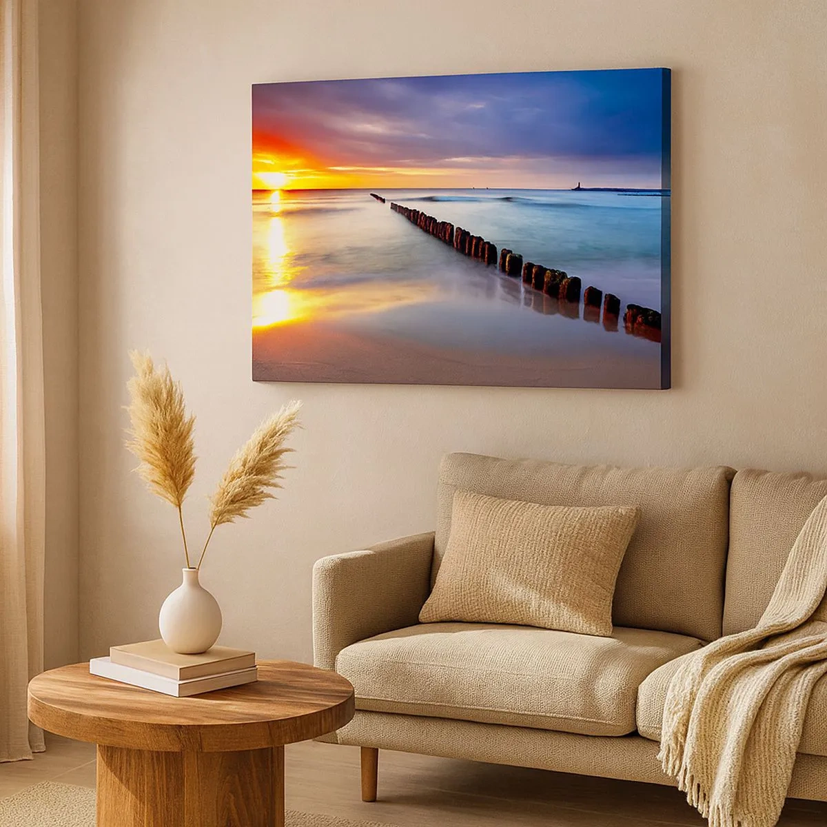 Quadro su tela - Stampe su Tela - Tramonto sul mare con un frangiflutti in primo piano - 70x50cm - Ascolta il silenzio - Decorazione murale moderna per soggiorno e camera da letto ARTTOR