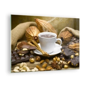 Quadro su vetro - Una tazza di cioccolata calda circondata da cioccolato e spezie - 70x50cm - Per i cercatori di emozioni - Decorazione murale moderna per soggiorno e camera da letto ARTTOR