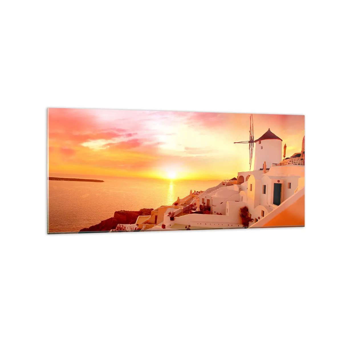 Quadro su vetro - Santorini al tramonto con un mulino a vento - 120x50cm - Sciogliersi nel bianco e nell'oro - Decorazione murale moderna per soggiorno e camera da letto ARTTOR