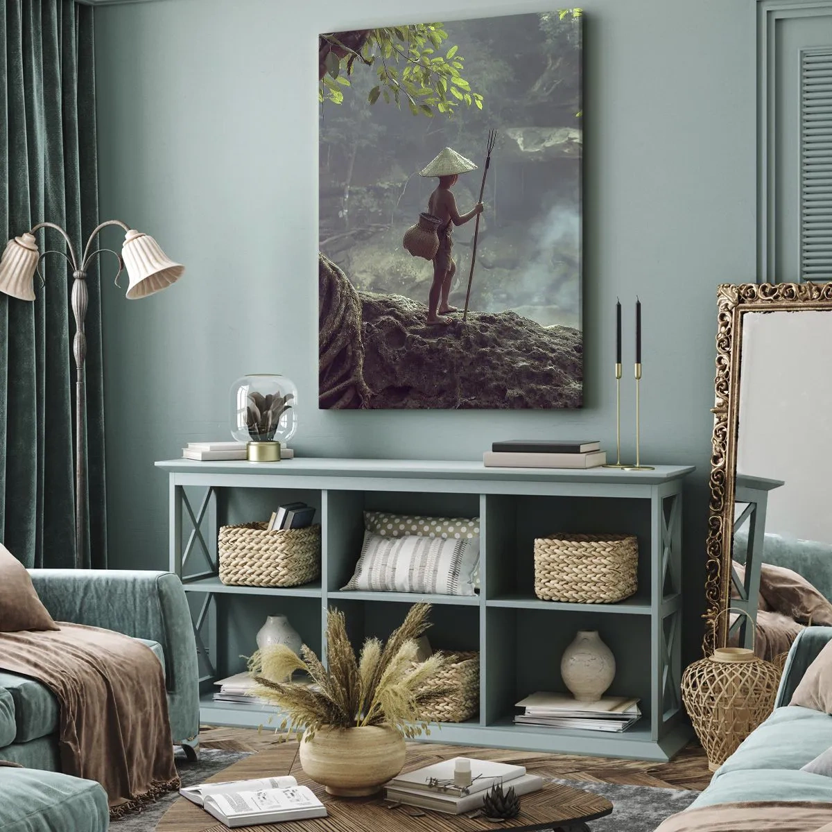 Quadro su tela - Stampe su Tela - Una figura con una lancia presso una cascata in una foresta tropicale - 70x100cm - In armonia con la natura - Decorazione murale moderna per soggiorno e camera da letto ARTTOR