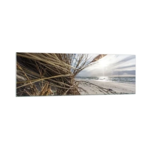 Quadro su vetro - Una spiaggia con erba secca sulle dune e vista sul mare - 160x50cm - L'incontro degli elementi - Decorazione murale moderna per soggiorno e camera da letto ARTTOR