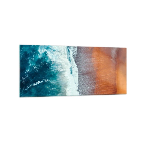 Quadro su vetro - Una vista delle onde dell'oceano che si infrangono sulla spiaggia dorata - 120x50cm - Il tocco dell'oceano - Decorazione murale moderna per soggiorno e camera da letto ARTTOR