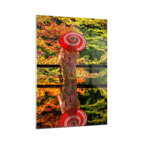 Quadro su vetro - Una donna in kimono con un ombrello sullo sfondo di un paesaggio autunnale, riflessa nell'acqua. - 50x70cm - Nel tempio della natura - Decorazione murale moderna per soggiorno e camera da letto ARTTOR