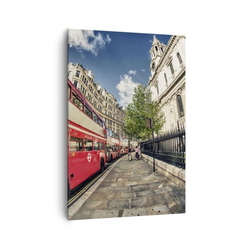 Quadro su tela - Stampe su Tela - Autobus rosso a due piani a Londra vicino alla strada e alla cattedrale - 70x100cm - Via di Londra in grigio e rosso - Decorazione murale moderna per soggiorno e camera da letto ARTTOR